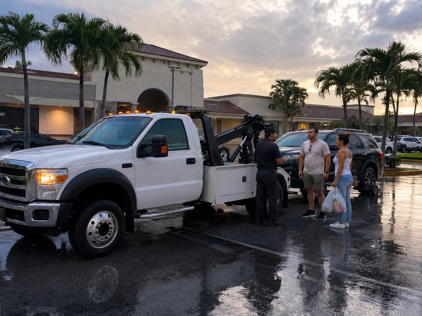 Tow truck operator loading an SUV outside a Miami-area pharmacy parking lot.