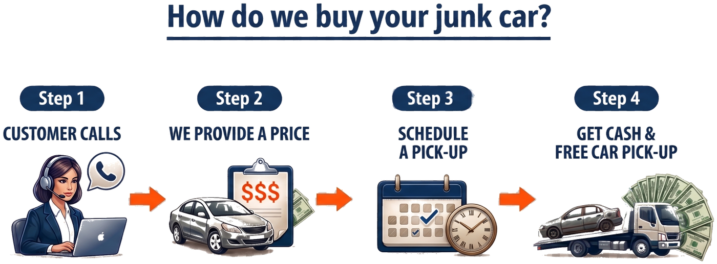 Four steps to sell your junk car: customer calls, we provide a price, schedule a pick-up, get cash and free car pick-up.