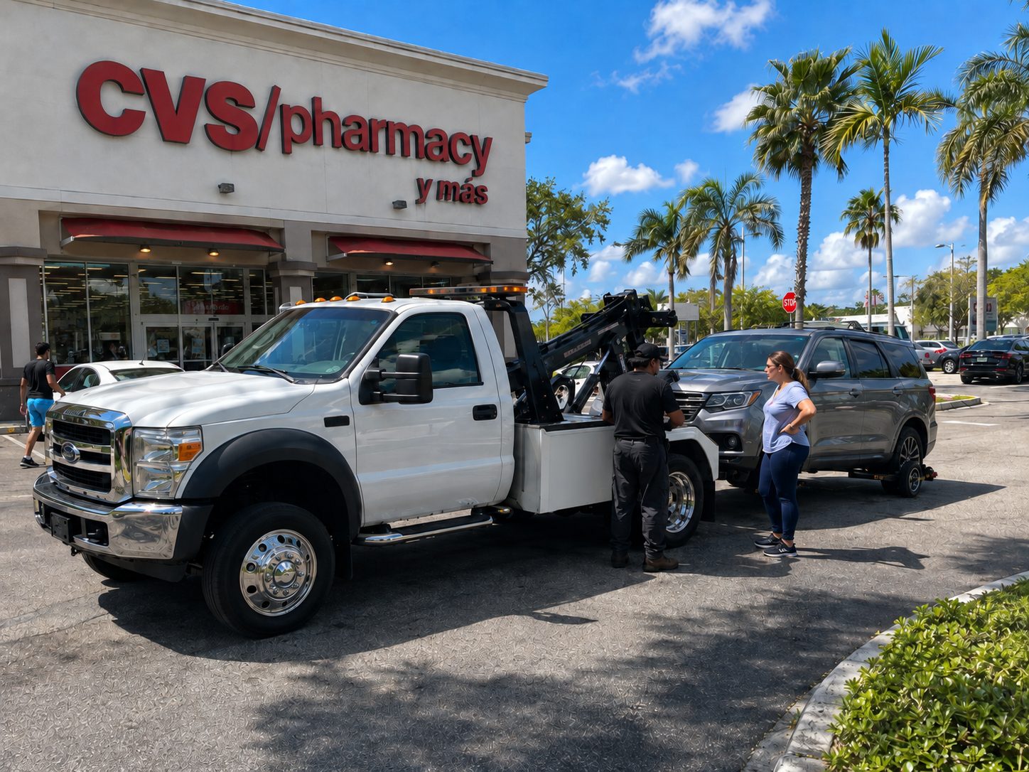 Tow truck and service van assisting customers at night in a Miami-Dade parking lot.
