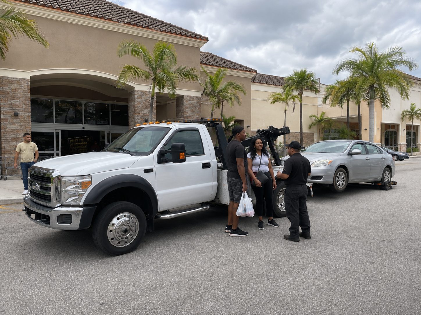 Tow truck loading a sedan onto a dolly in a Miami-Dade parking lot during the day.