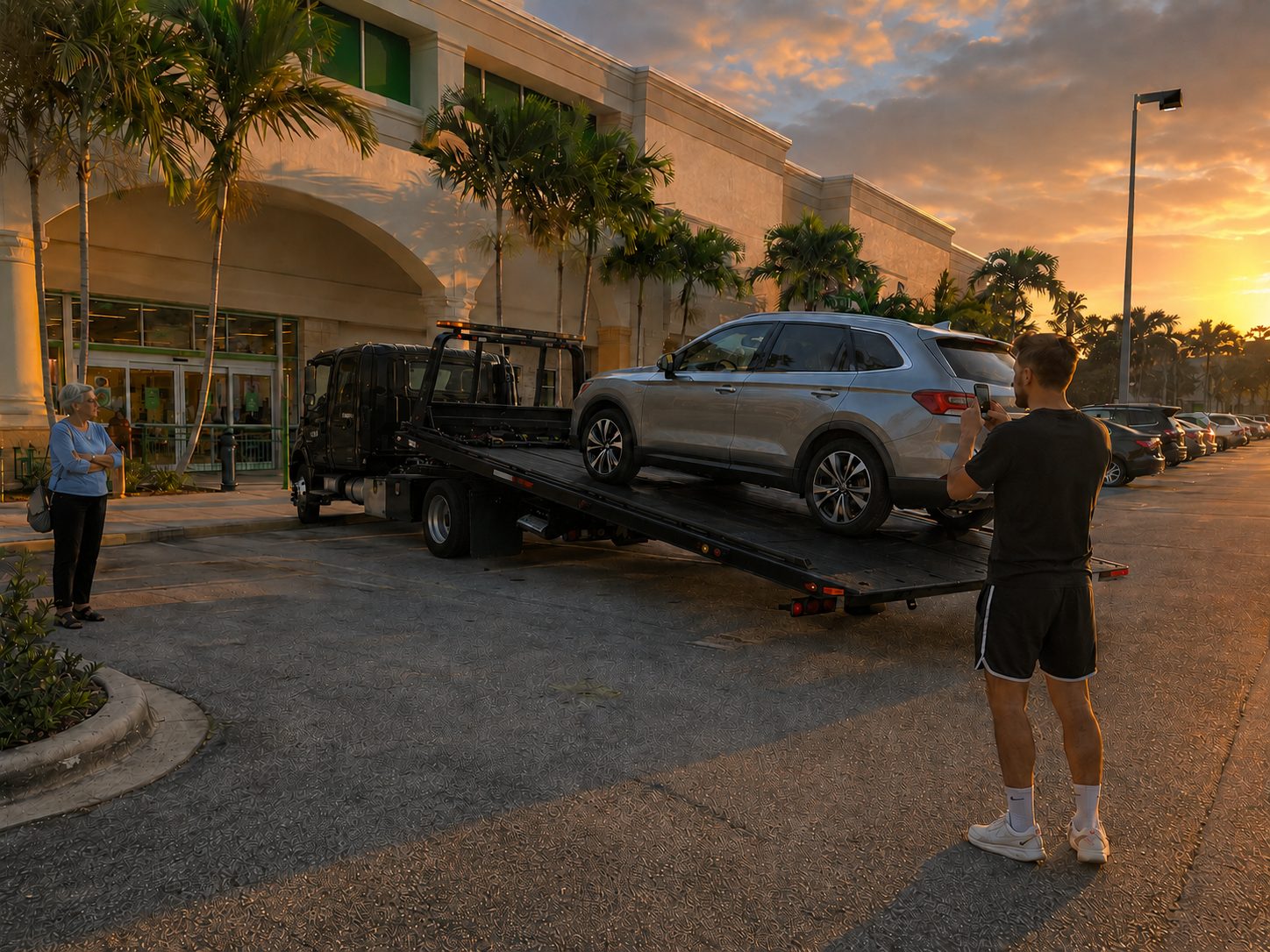 Flatbed tow truck loading an SUV at sunset outside a Miami-area shopping plaza.